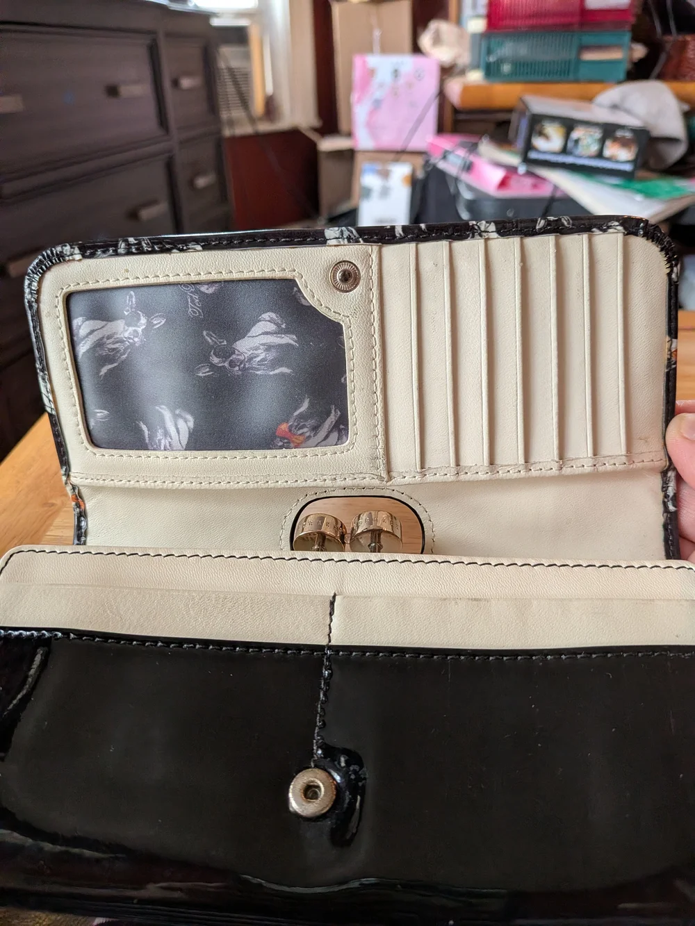 Ted Baker Black Wallet with White Dog Print and Orange Accents